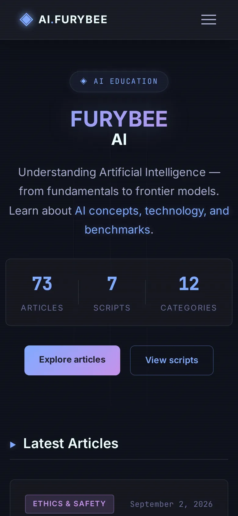 AI.FuryBee home page with the latest articles and article counts