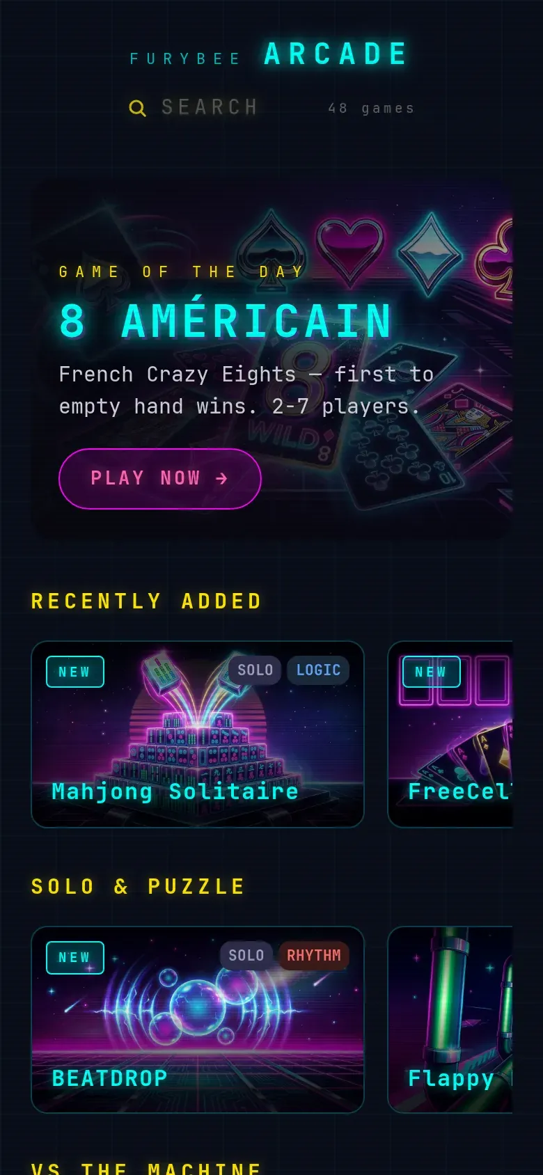 FuryBee Arcade home page with the game of the day and recently added games
