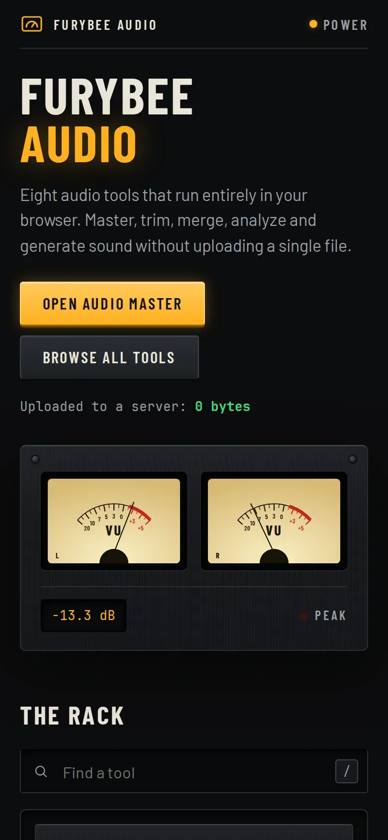FuryBee Audio Tools home page with VU meters and the tool rack