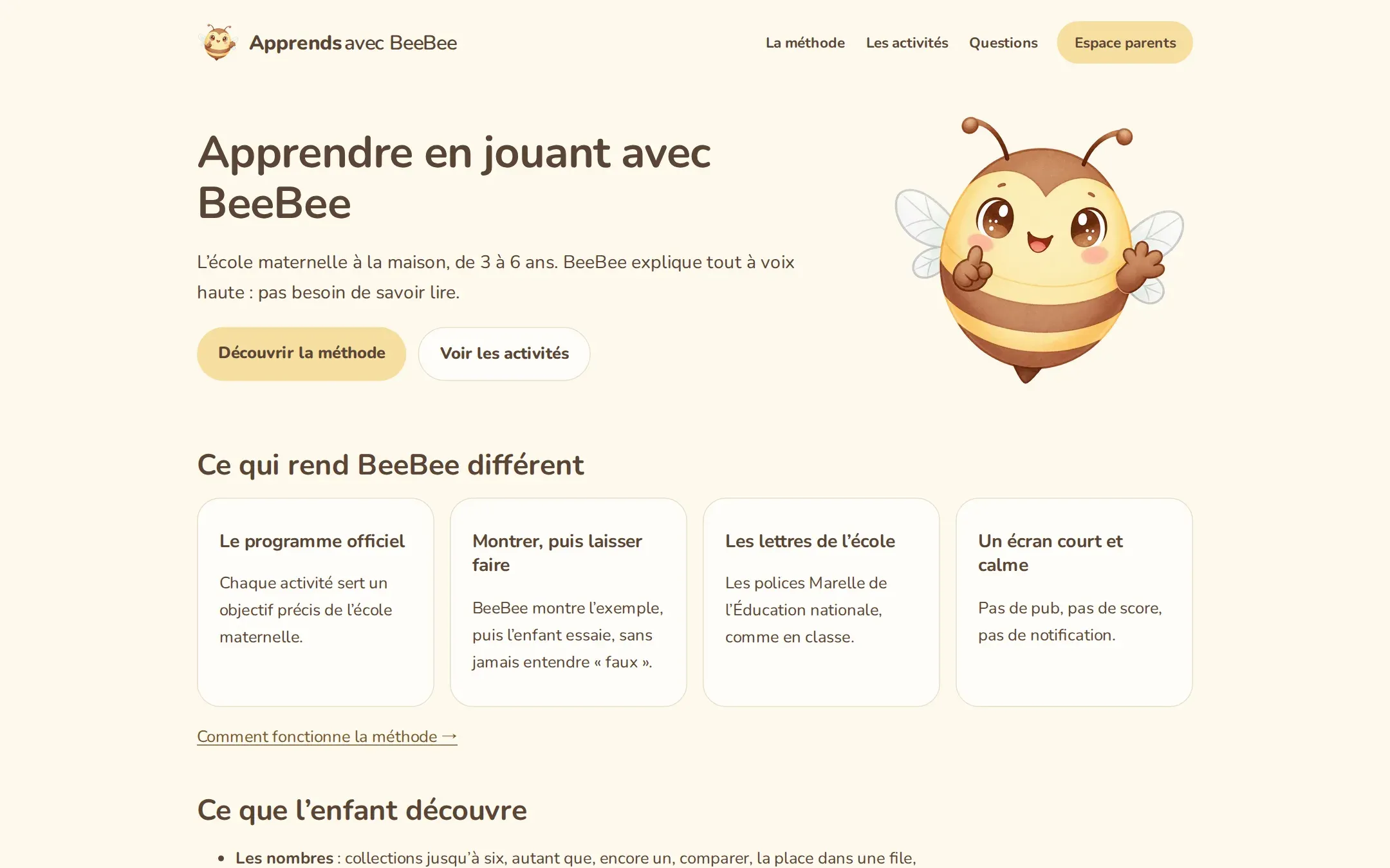 Apprends avec BeeBee home page in French with BeeBee the bee