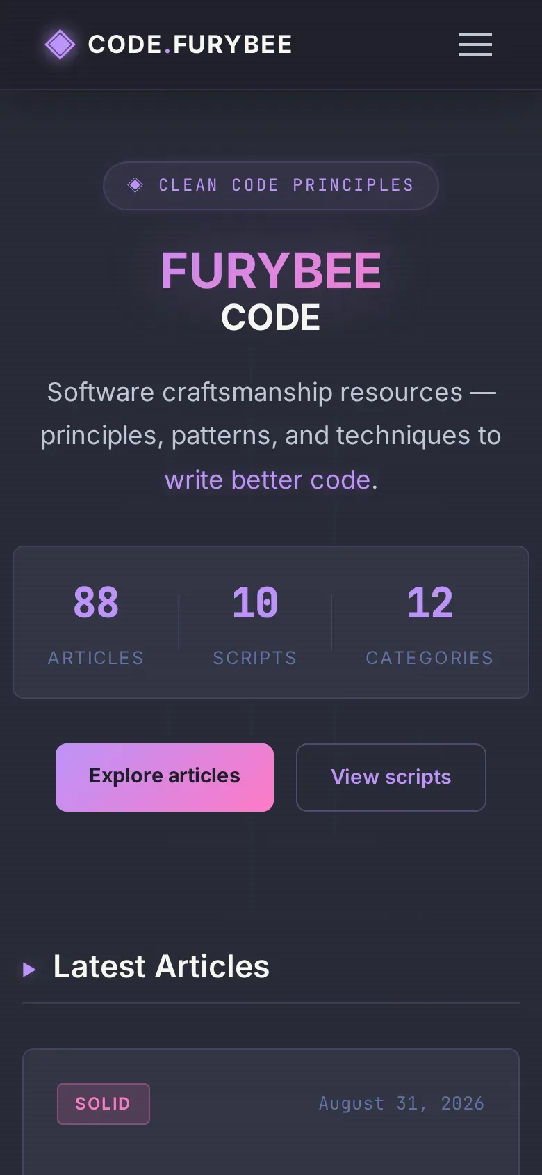 Code.FuryBee home page with article and script counts