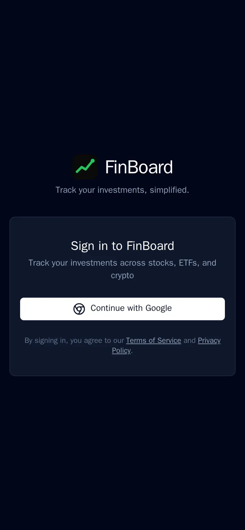 FinBoard sign-in page with Continue with Google