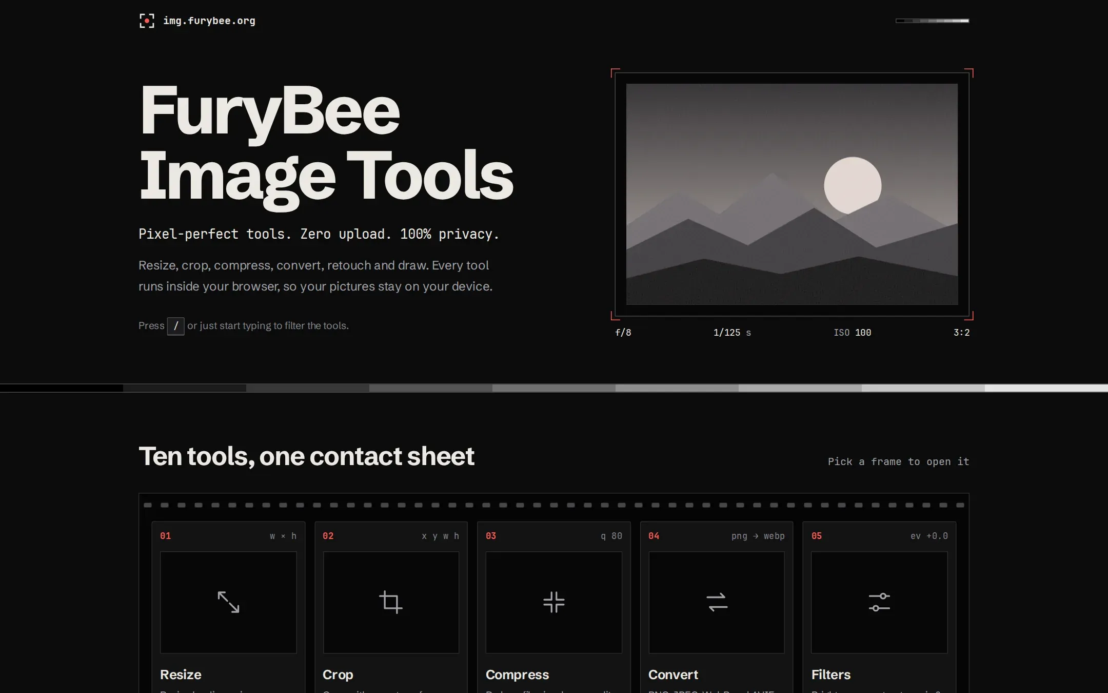 FuryBee Image Tools home page with the darkroom-style tool sheet
