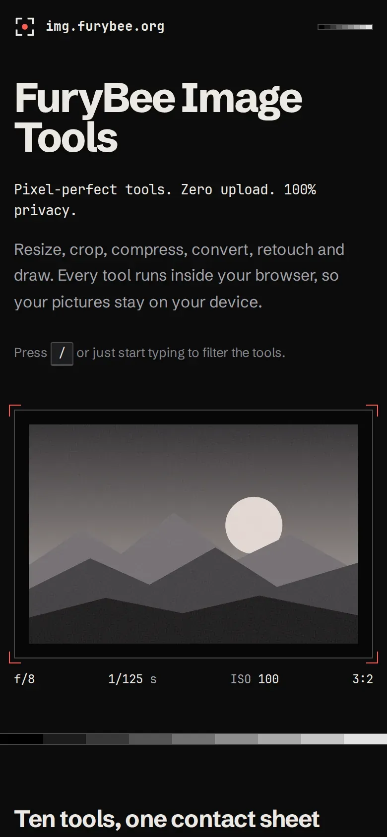FuryBee Image Tools home page with the darkroom-style tool sheet