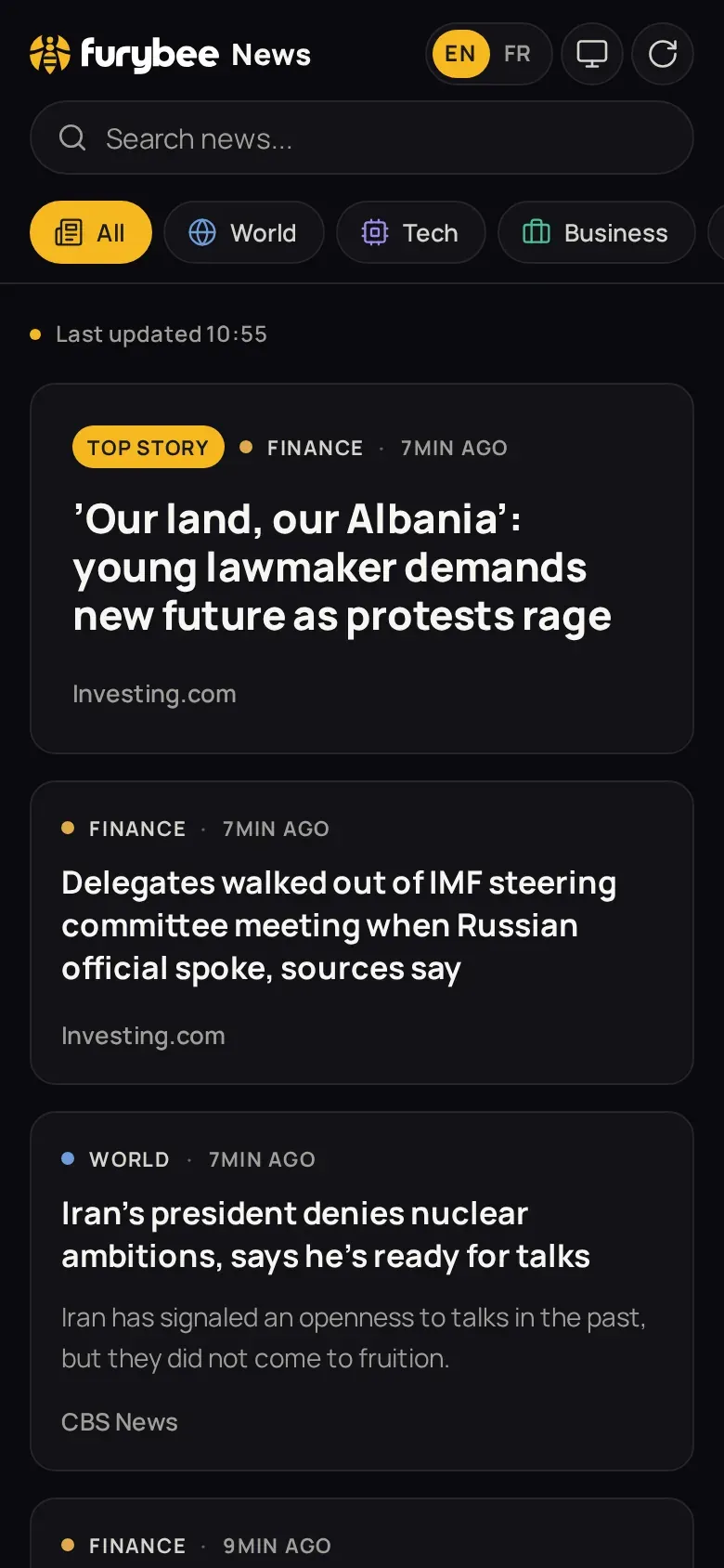 FuryBee News front page with category filters and headline cards