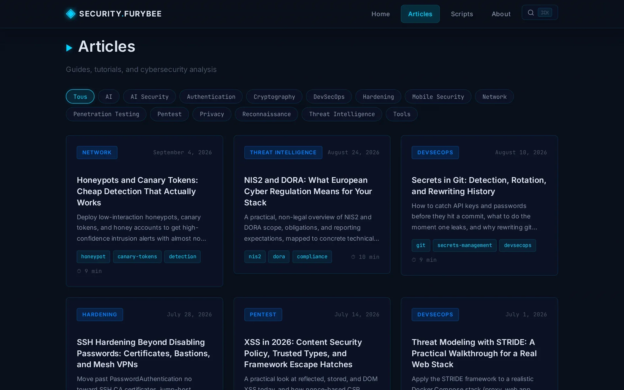 The Security.FuryBee articles index with category filters