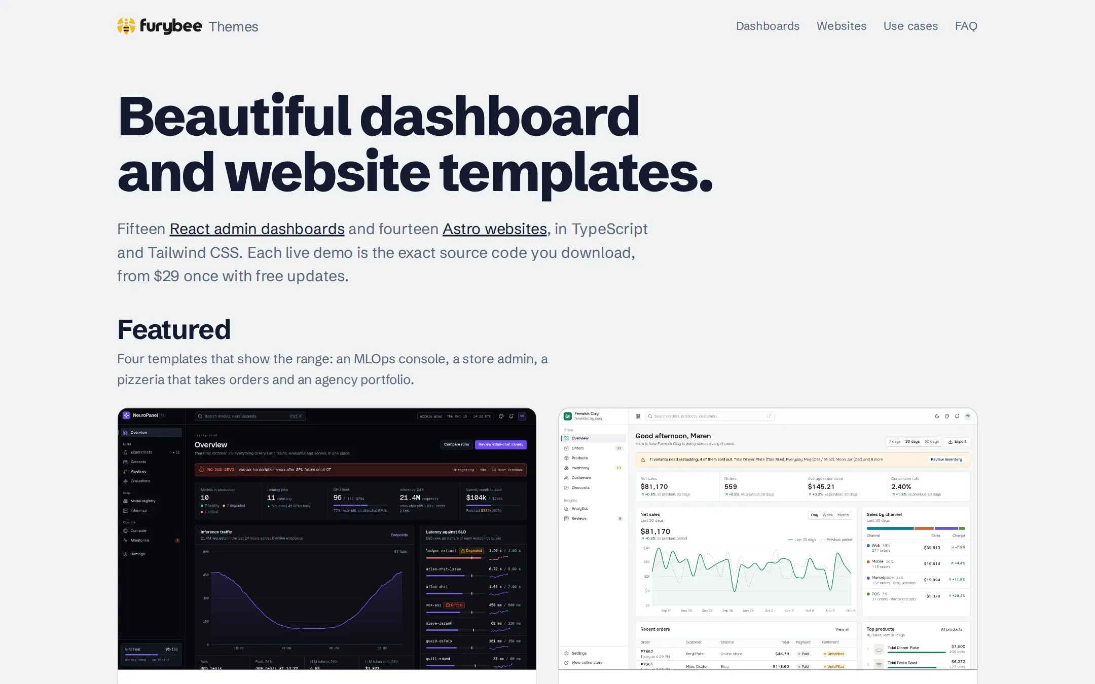 FuryBee Themes home page with a live dashboard preview